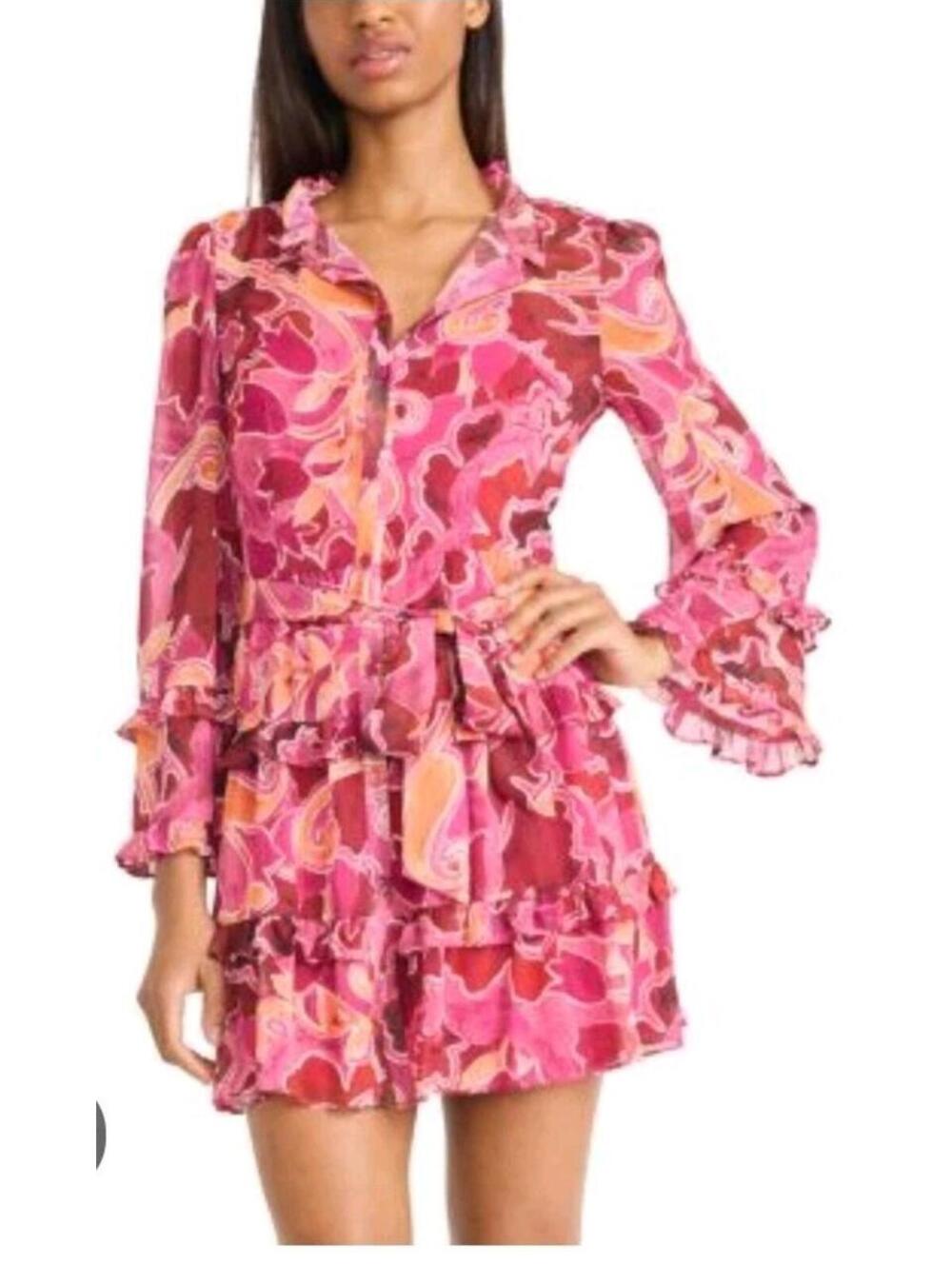 Donna Morgan Women's Dress 16 Pink Red Floral Ruffles Belted NWT $148 #CC